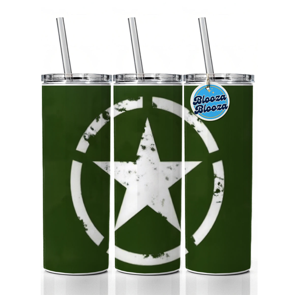 Rustic White Army Star On Olive Green Skinny Tumbler 20oz with Straw Insulated Water Bottle Gift