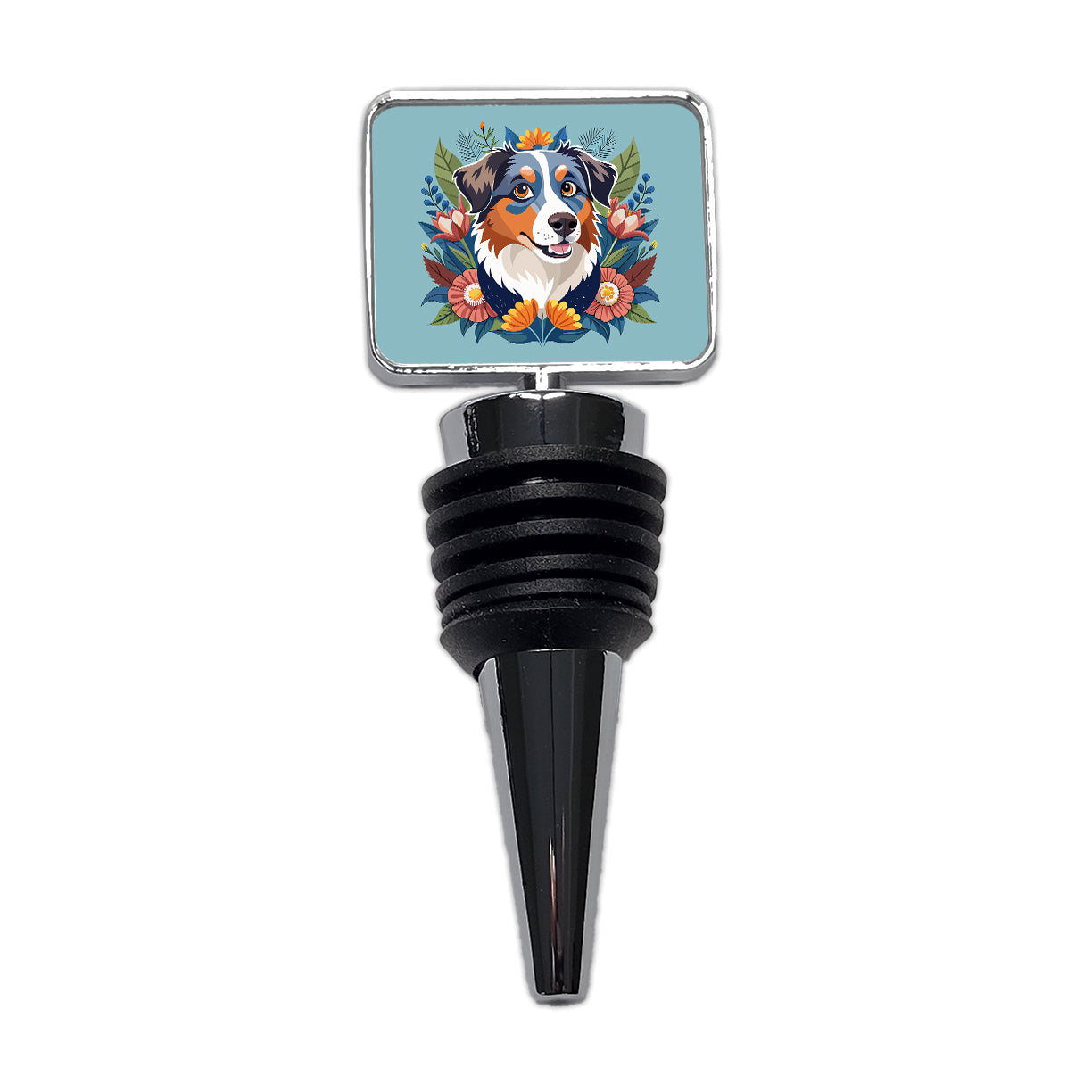Australian Shepherd Dog Floral Flowers Wine Bottle Stopper