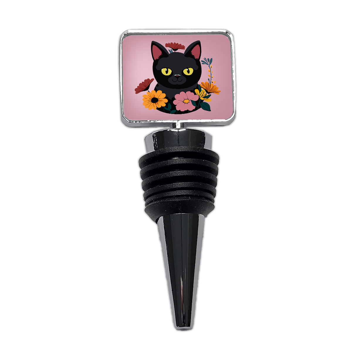 Black Cat in Flowers Wine Bottle Stopper