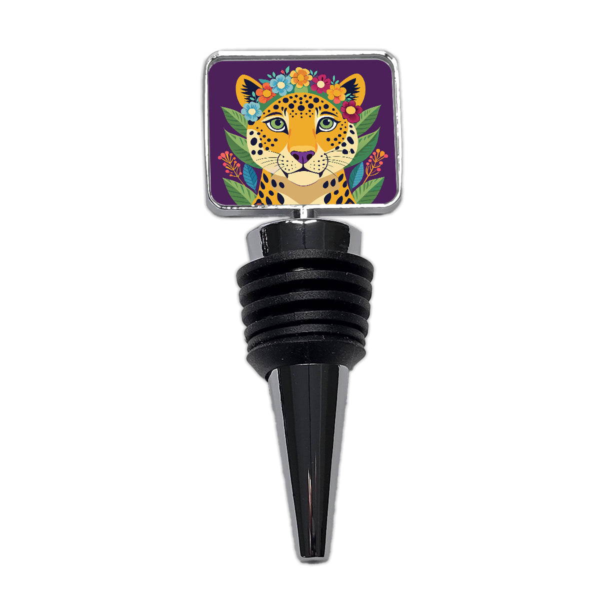 Cheetah Head Floral Flowers Wine Bottle Stopper