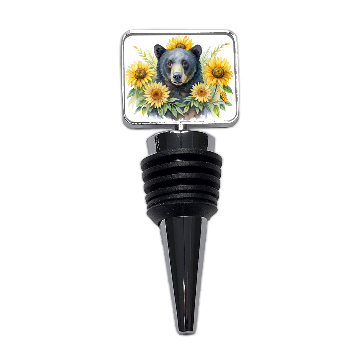 Black Bear Watercolor Design With Sunflowers Wine Bottle Stopper