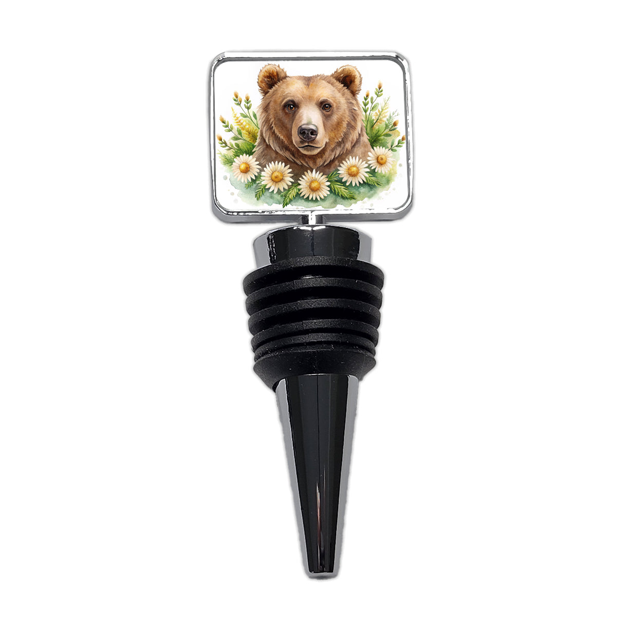 Brown Bear Watercolor Design With Daisies Wine Bottle Stopper