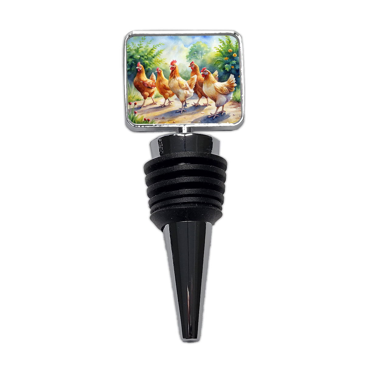 Chickens Walking Around Watercolor Wine Bottle Stopper