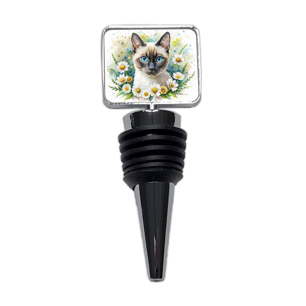 Siamese Cat Watercolor Design With Daisies Wine Bottle Stopper