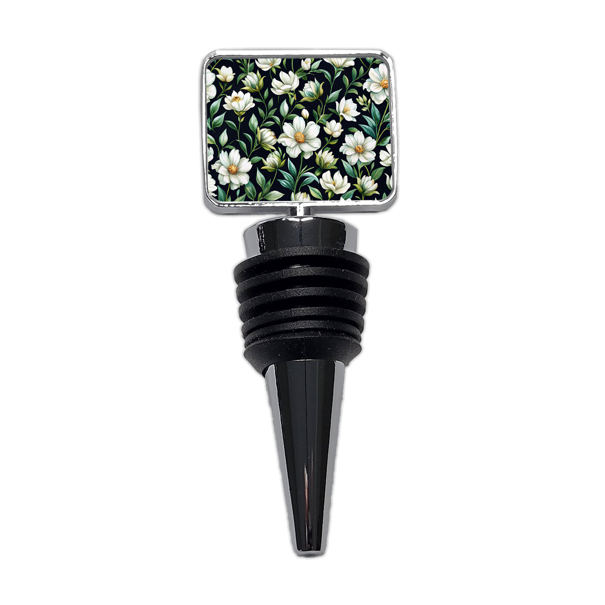 White Flowers Black Background Wine Bottle Stopper