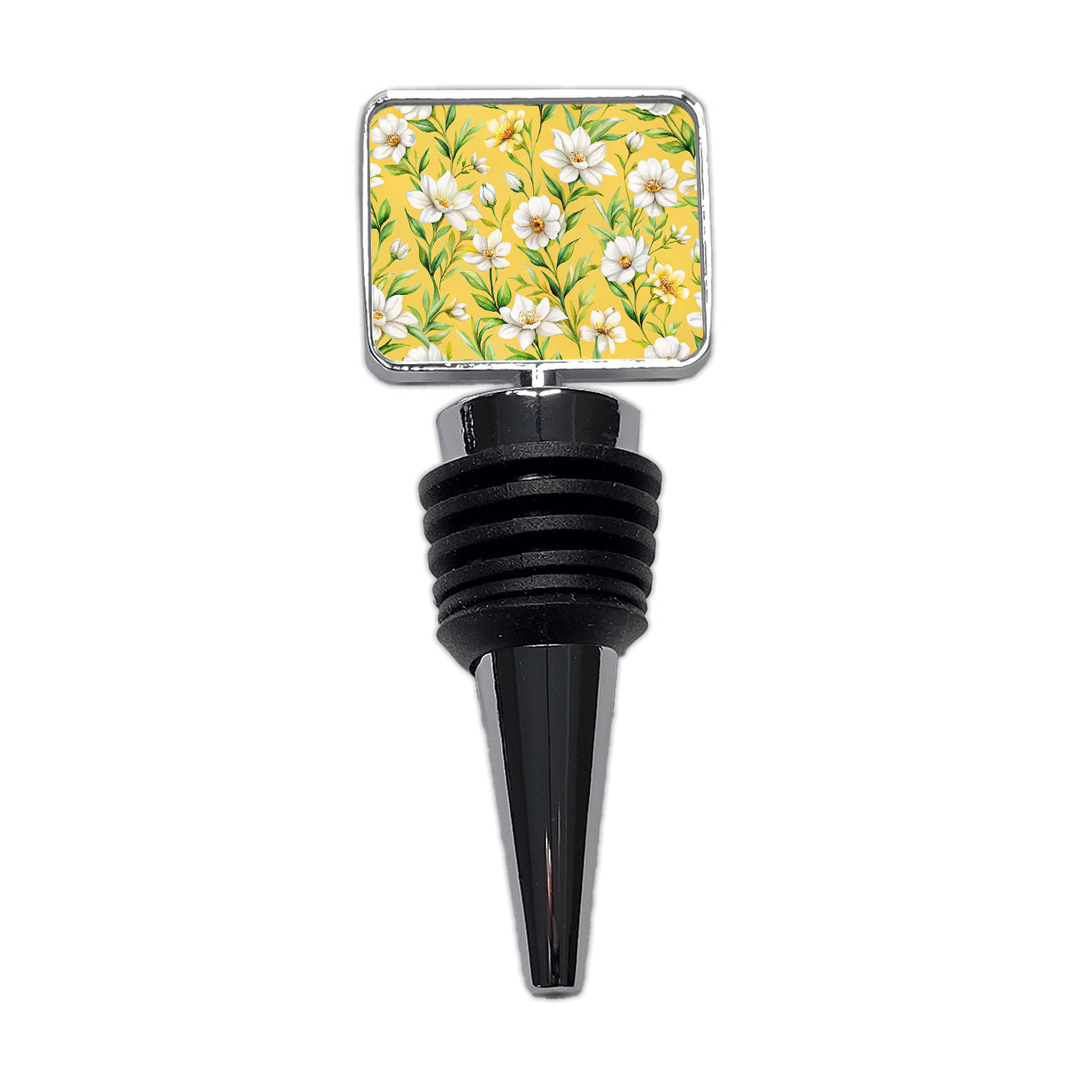 White Flowers Yellow Background Wine Bottle Stopper