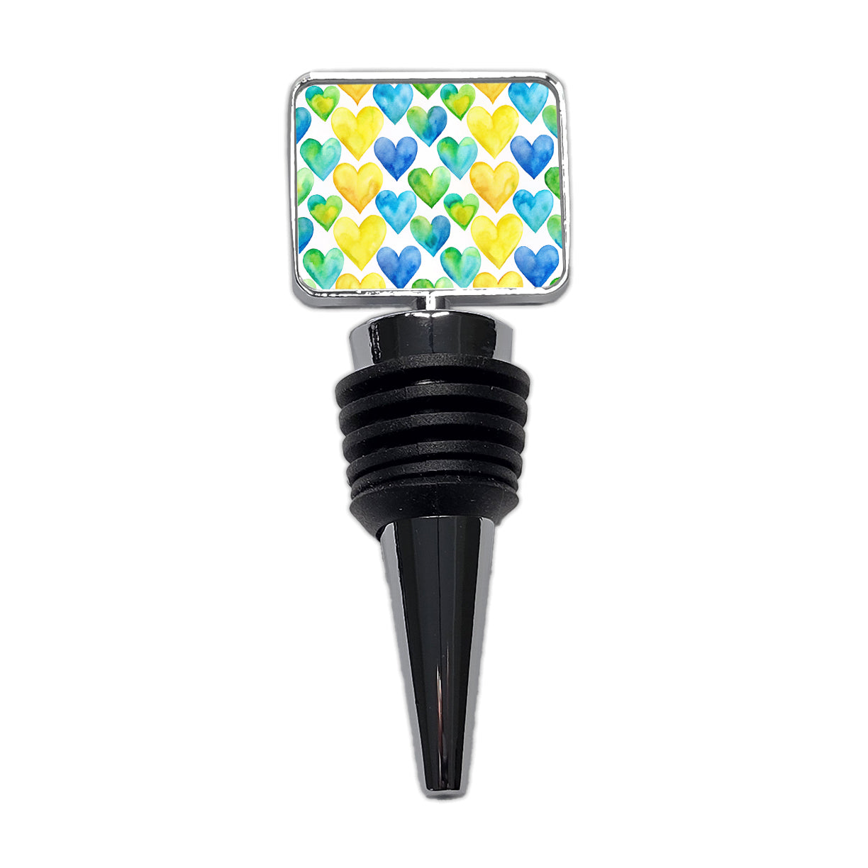 Yellow Blue Green Hearts Watercolor Wine Bottle Stopper