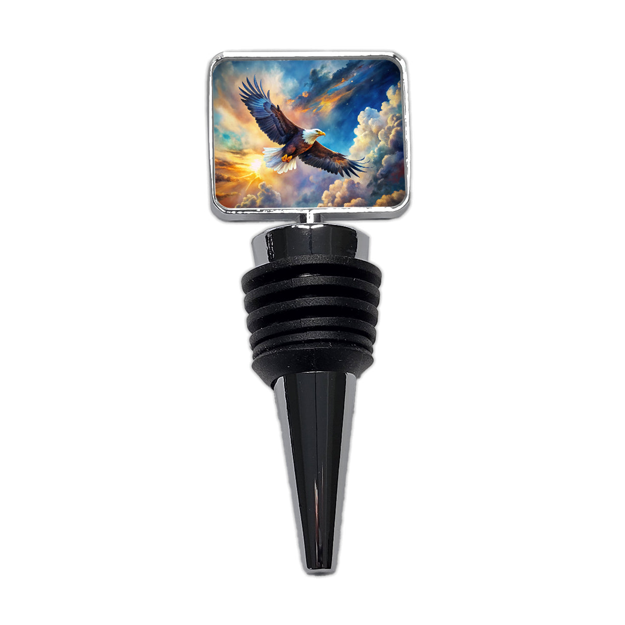 Bald Eagle Flying In Sky Clouds Watercolor Wine Bottle Stopper