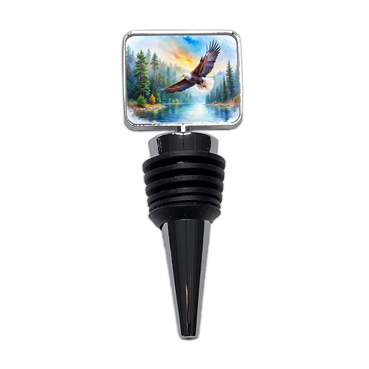 Bald Eagle Flying With Forest Lake Watercolor Wine Bottle Stopper