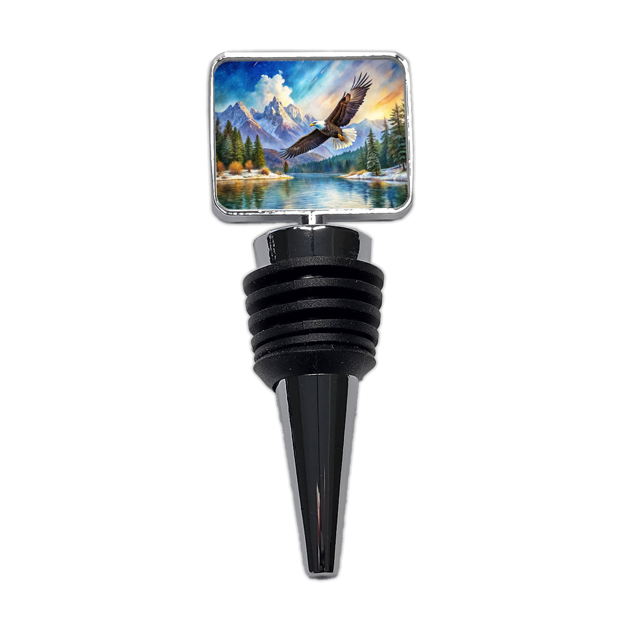 Bald Eagle Flying With Mountains Lake Watercolor Wine Bottle Stopper