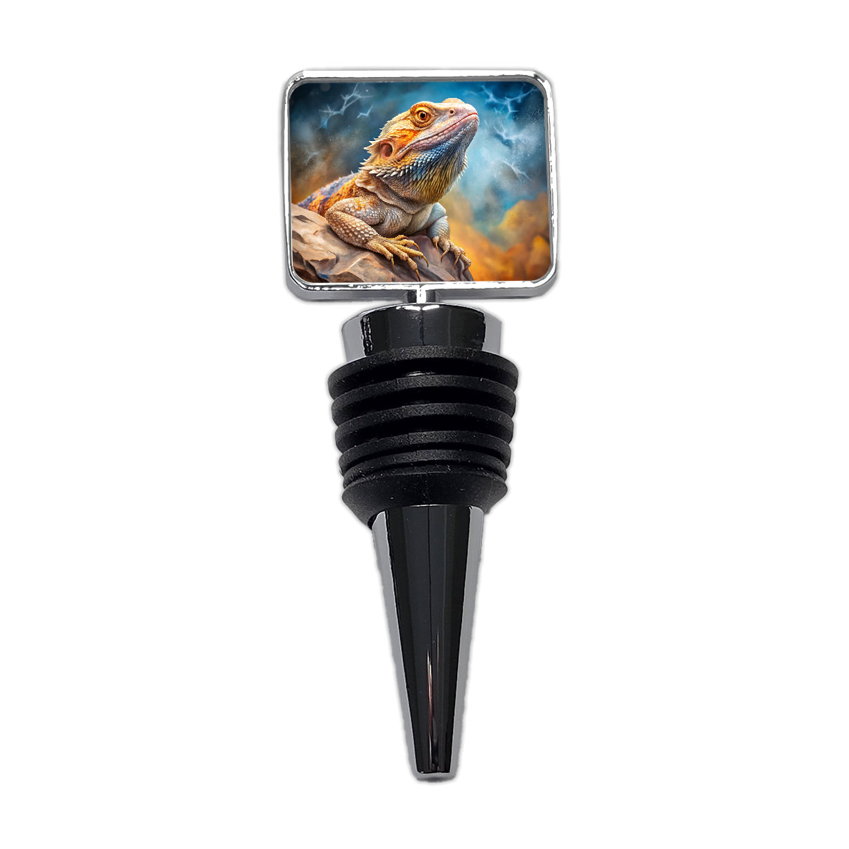 Bearded Dragon Lizard On Rock Stormy Scene Reptile Watercolor Wine Bottle Stopper