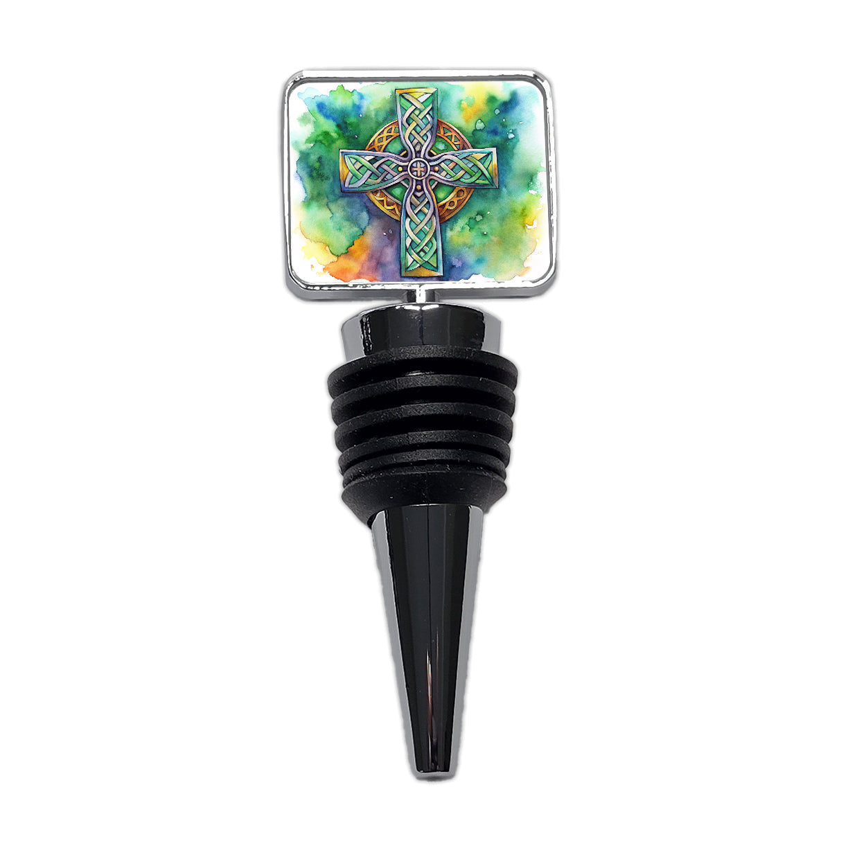 Celtic Christian Cross Watercolor Wine Bottle Stopper