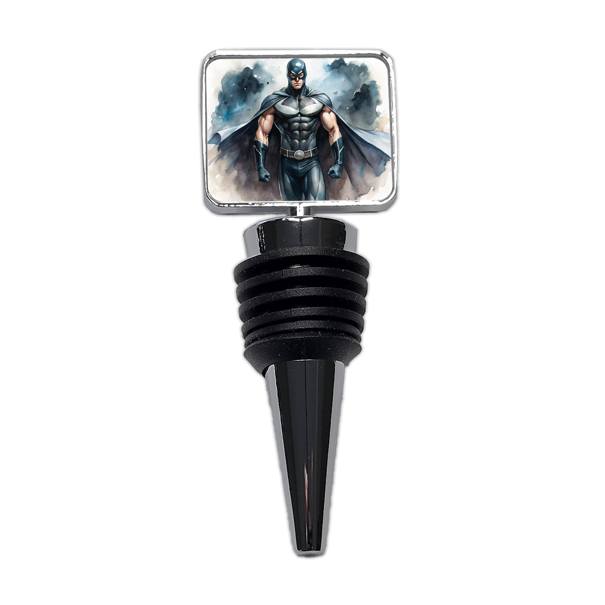 Classic Masked Superhero With Black Costume Watercolor Wine Bottle Stopper