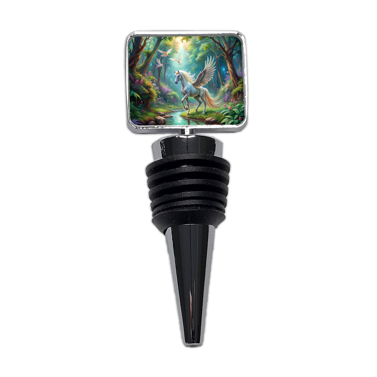 Fantasy Forest With Pegasus Winged-stallion Watercolor Wine Bottle Stopper