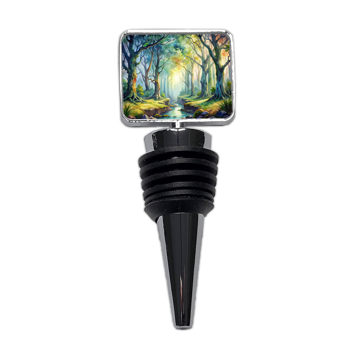 Fantasy Misty Forest Stream And Trees Watercolor Wine Bottle Stopper