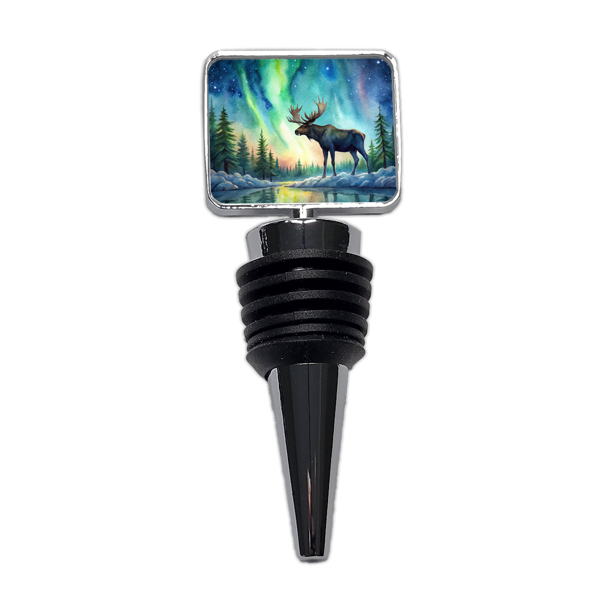 Moose And Northern Lights Watercolor Wine Bottle Stopper