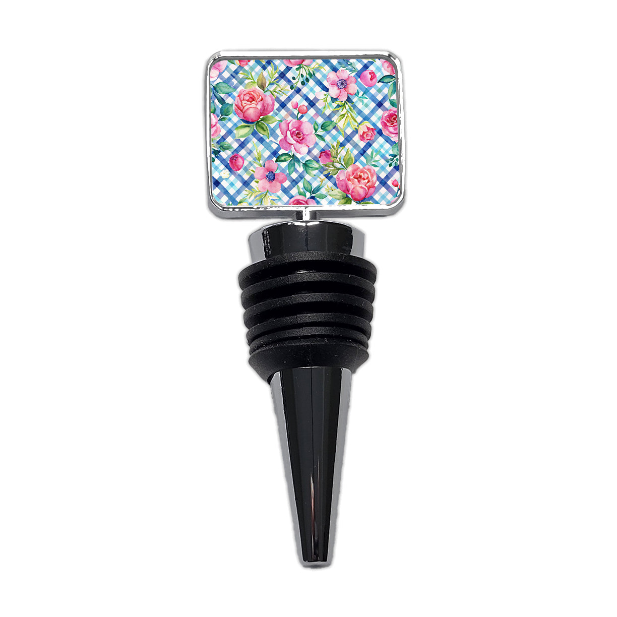 Preppy Pink Flowers Blue Gingham Plaid Wine Bottle Stopper