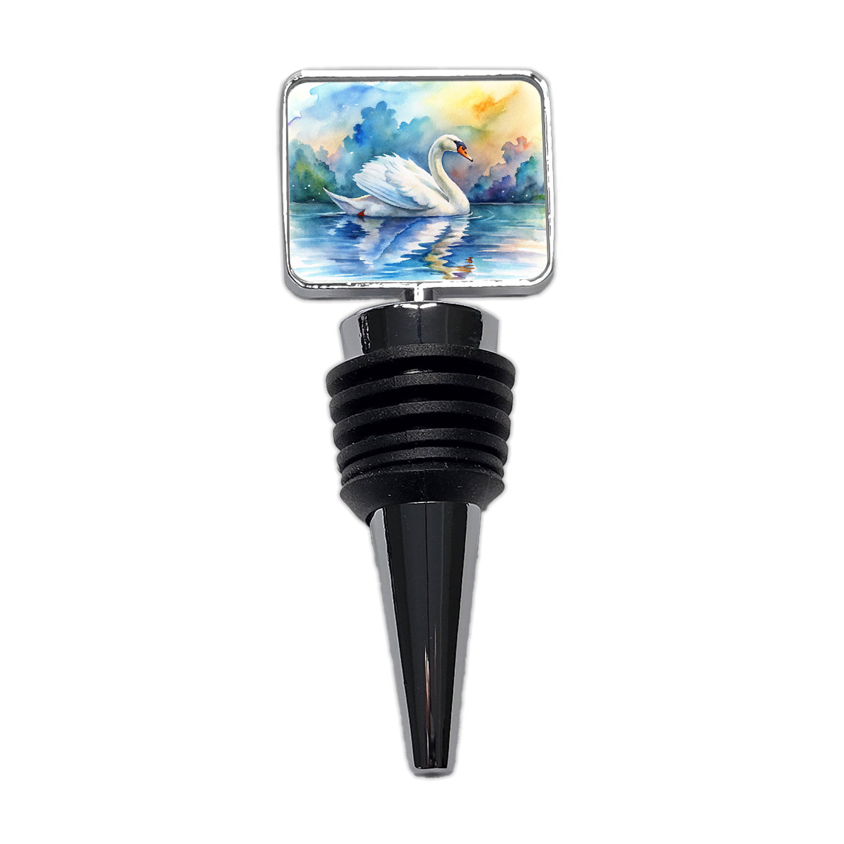 Swan Gliding Across Lake Watercolor Wine Bottle Stopper