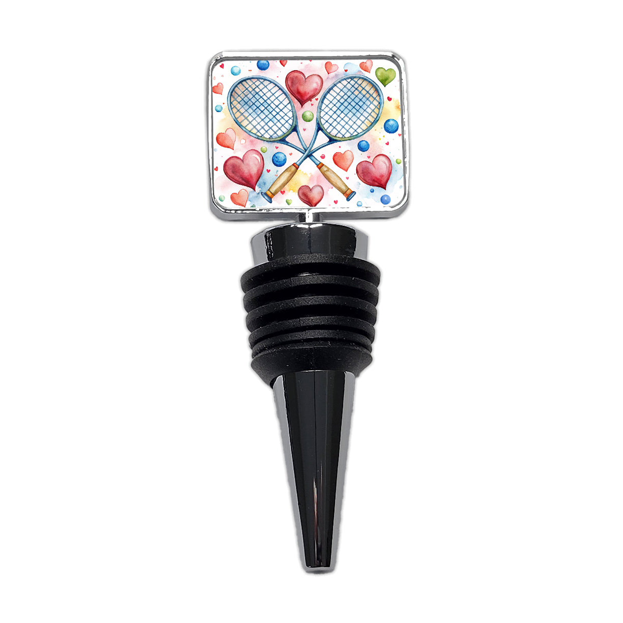 Tennis Rackets Crossed With Hearts Watercolor Wine Bottle Stopper