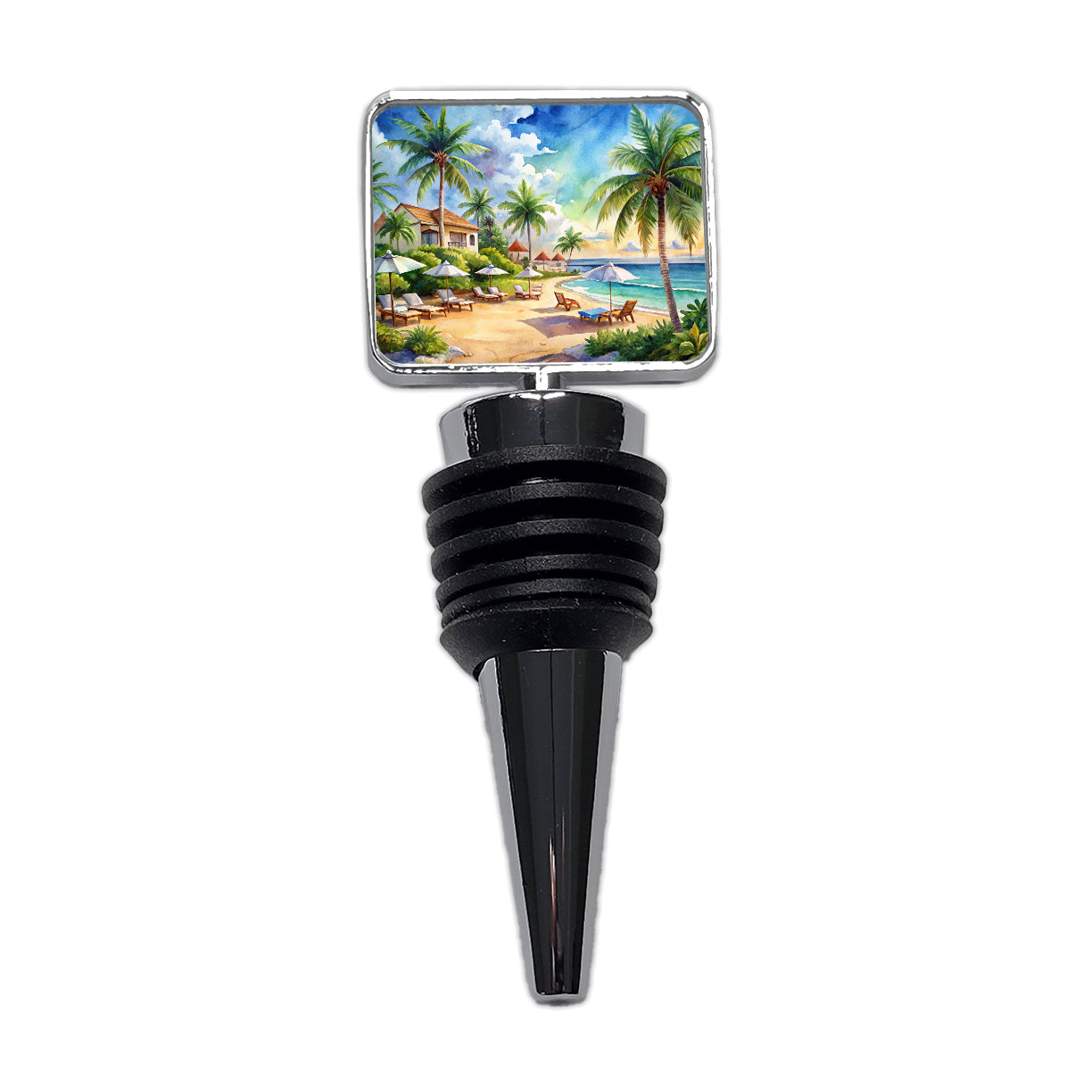 Beach Resort Tropical Scene Watercolor Wine Bottle Stopper