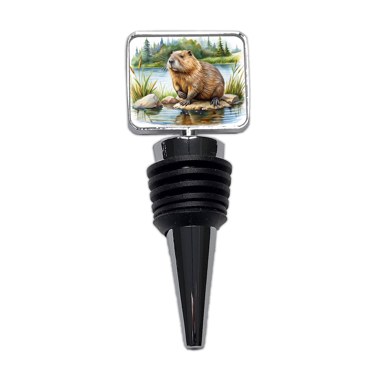 Beaver in the Pond Dam Watercolor Wine Bottle Stopper