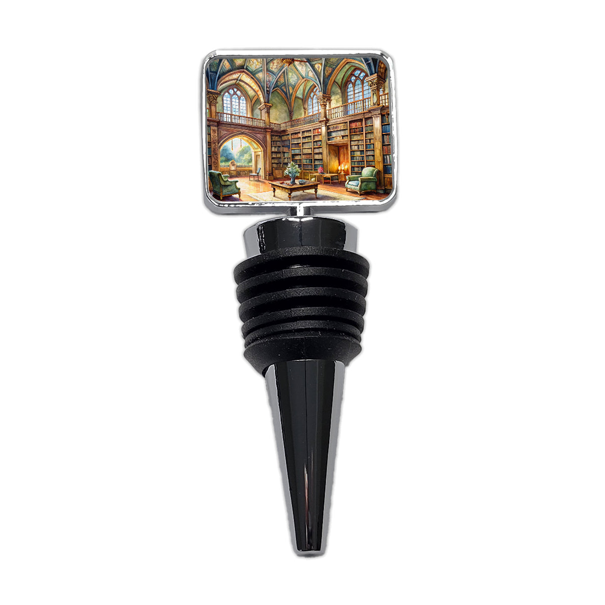 Castle Library Books Reading Watercolor Wine Bottle Stopper