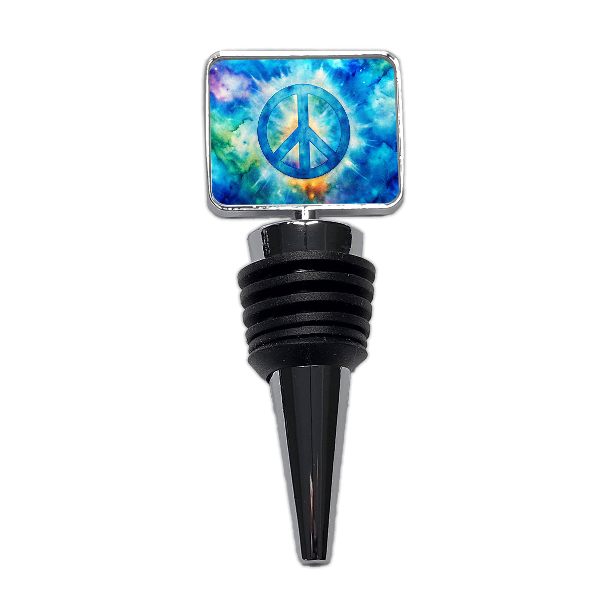 Solid Blue Peace Symbol Tie Dye Background Hippie Watercolor Wine Bottle Stopper