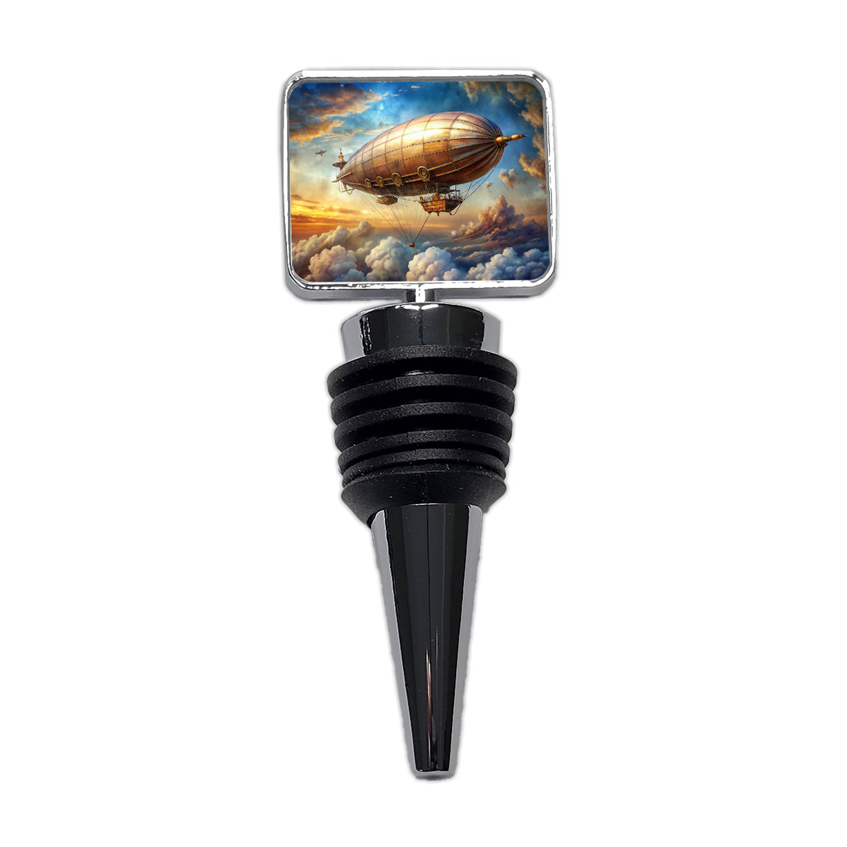 Steampunk Airship Dirigible Flying in Cloudy Sky Fantasy Sci-fi Wine Bottle Stopper