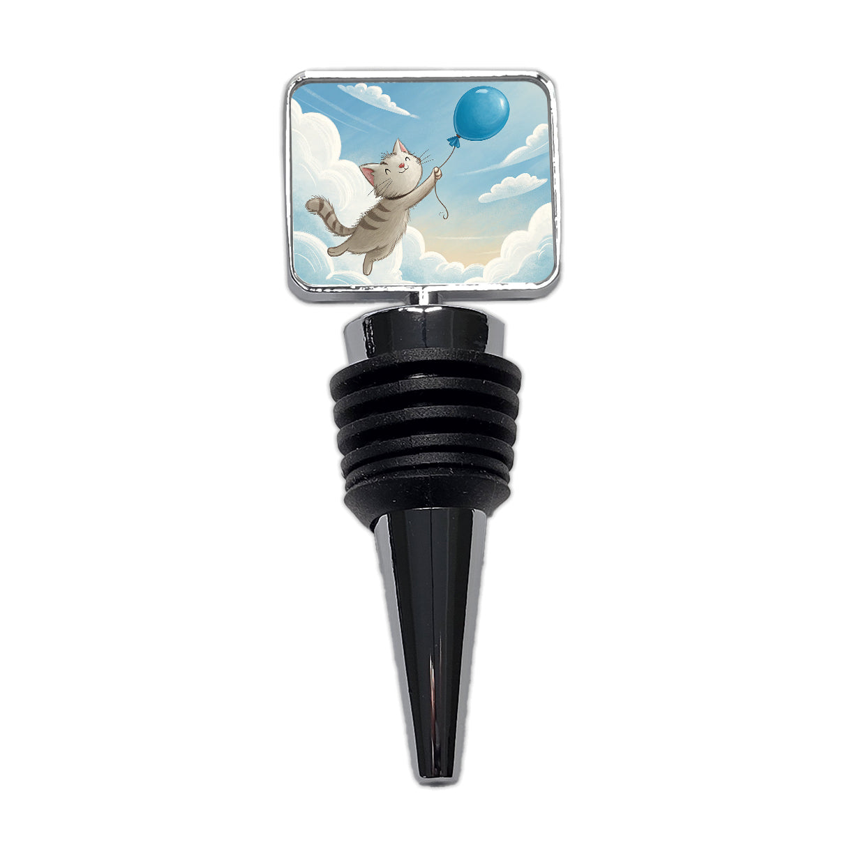 Cat Carried by Blue Balloon into the Sky Wine Bottle Stopper