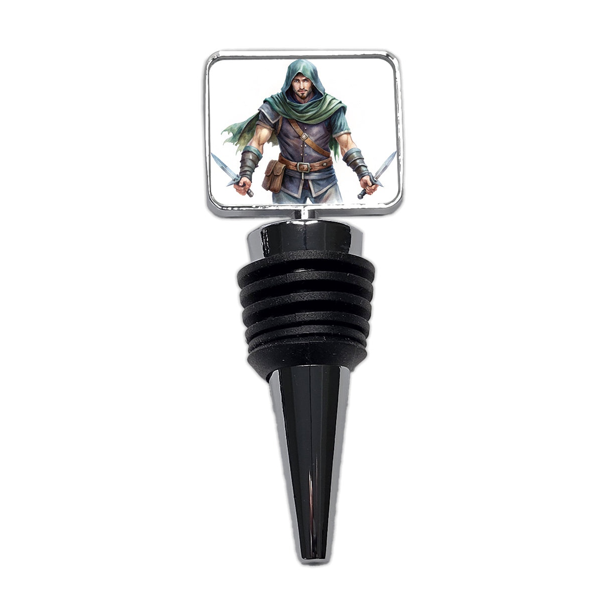 Fantasy Male Thief Rogue with Daggers Watercolor Wine Bottle Stopper