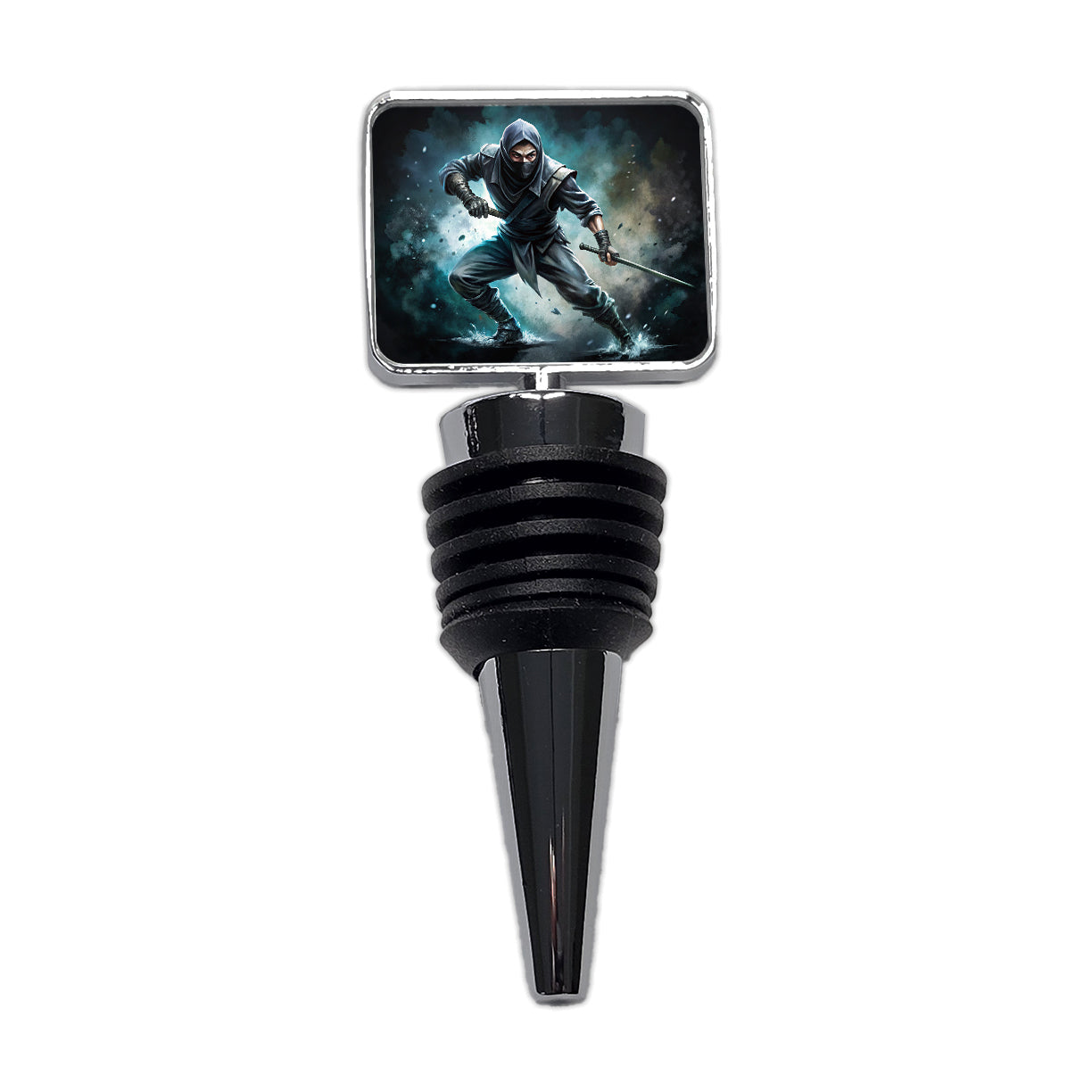 Ninja with Katana Sword Black Watercolor Wine Bottle Stopper