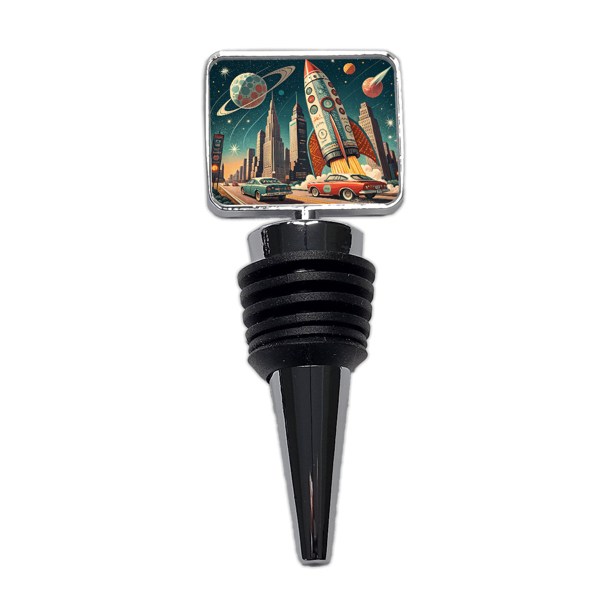 Retro Sci-fi 60's Poster Art Rocket Wine Bottle Stopper