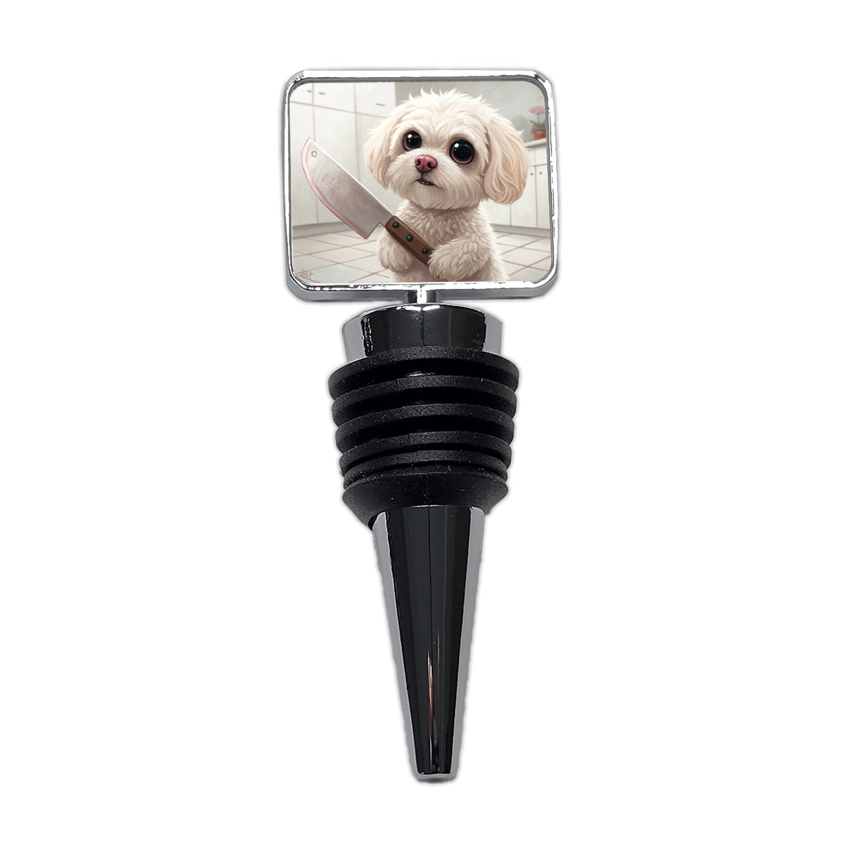 Small Fluffy Dog with a Butcher Knife Funny Scary Halloween Wine Bottle Stopper