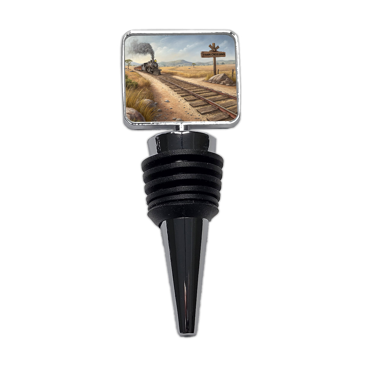 Steam Locomotive Train Crossing Old West Western Wine Bottle Stopper