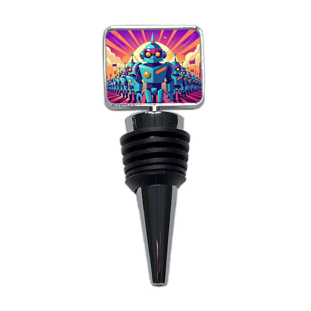 Vibrant Colored Sci-fi Robot Army Marching Wine Bottle Stopper