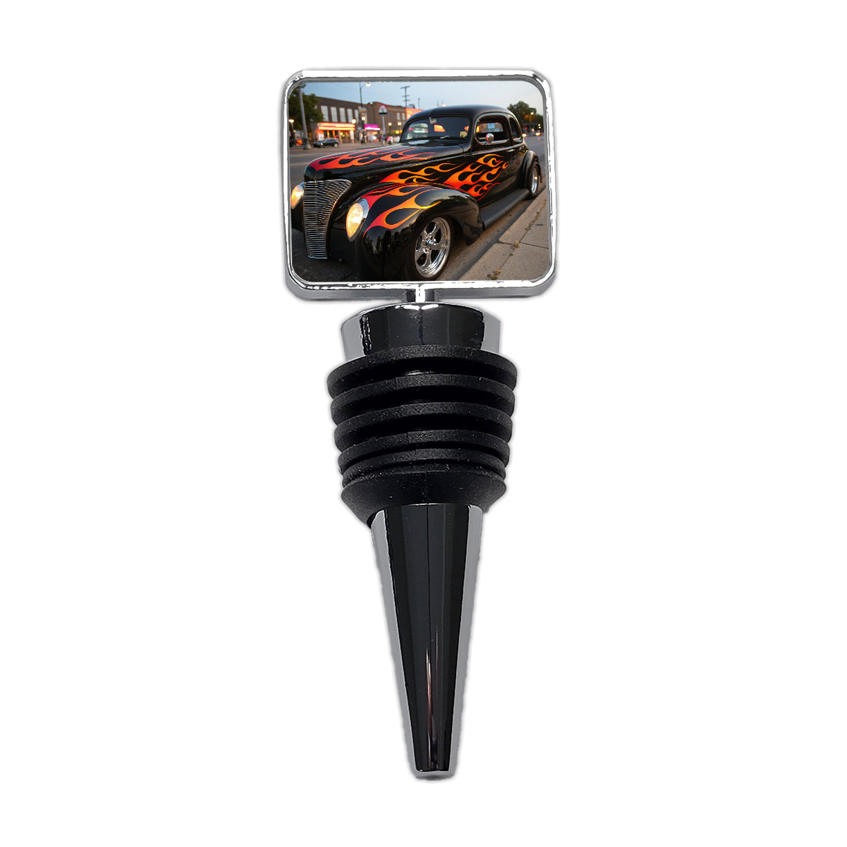 Black Hot Rod Classic Car With Flames Wine Bottle Stopper