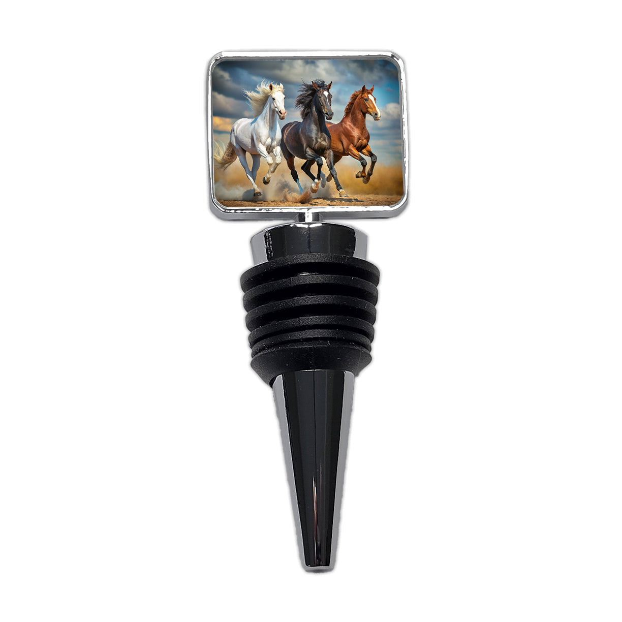 Black White and Brown Horses Galloping Wine Bottle Stopper