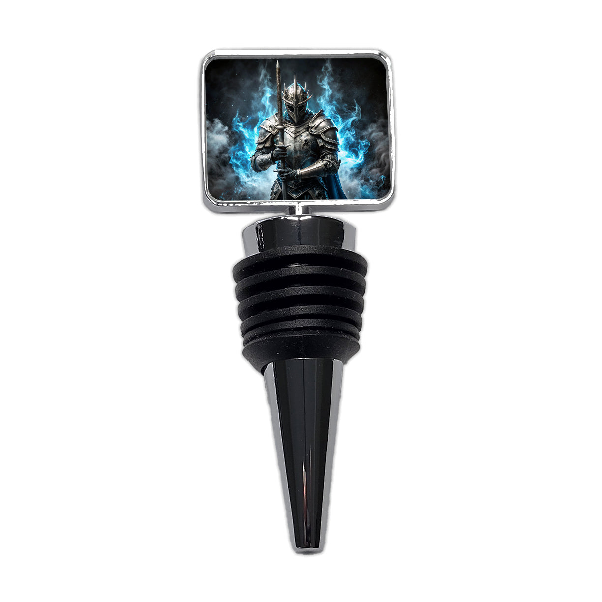 Fantasy Warrior Knight Blue Flames Wine Bottle Stopper