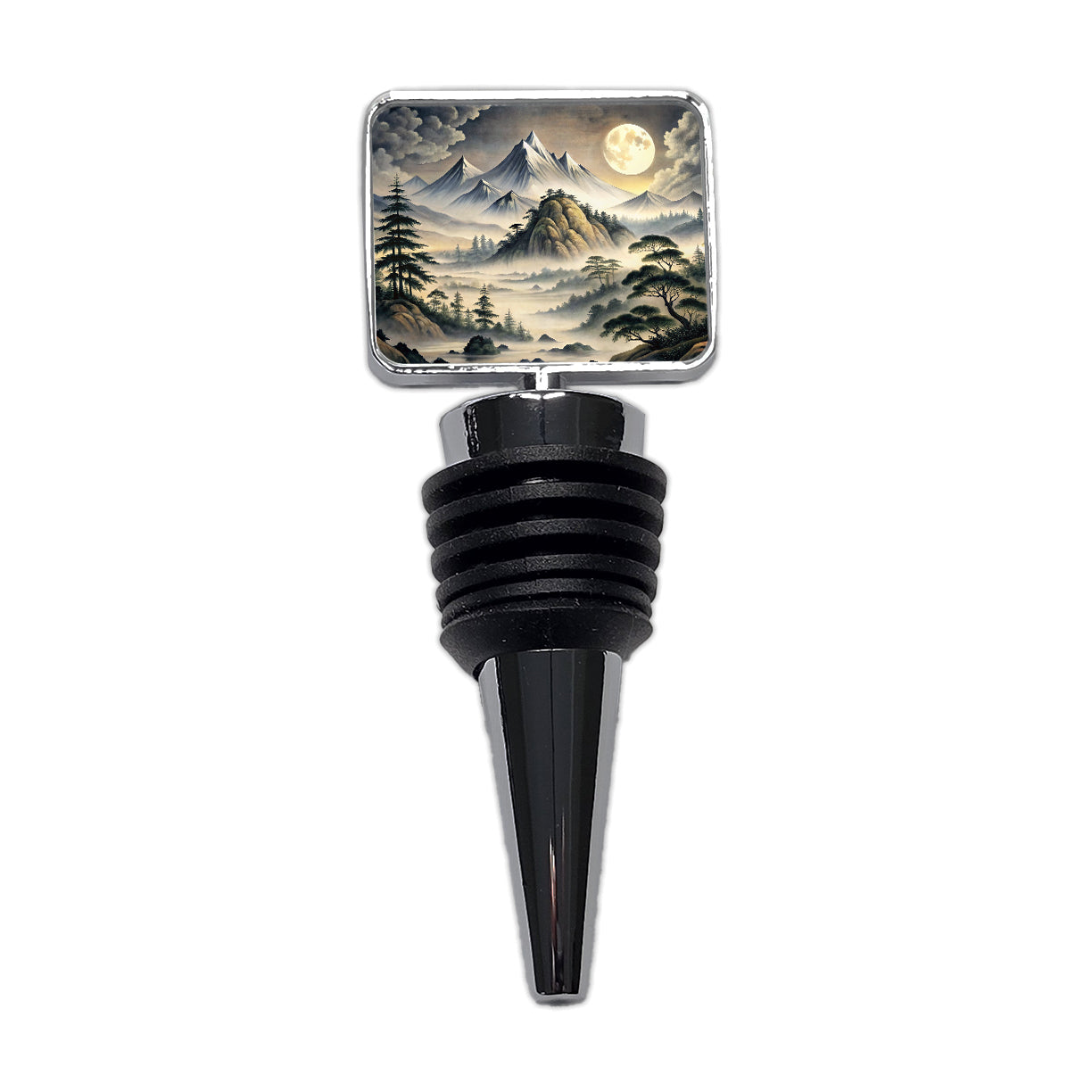 Japanese Style Ink Painting Landscape Misty Mountains Large Moon Wine Bottle Stopper