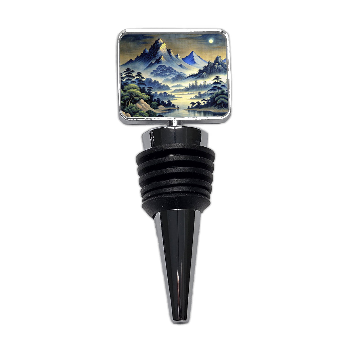 Japanese Style Ink Painting Landscape Mountains At Night Wine Bottle Stopper