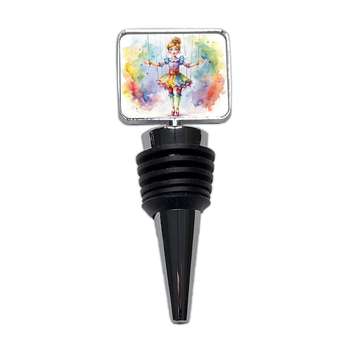Marionette Puppet on Strings Watercolor Wine Bottle Stopper