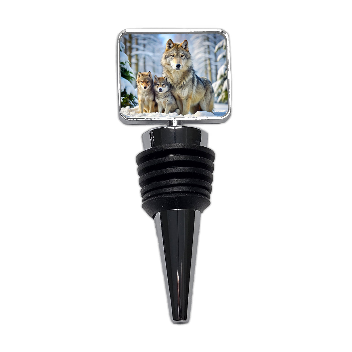 Mother Wolf And Pups In Winter Wine Bottle Stopper