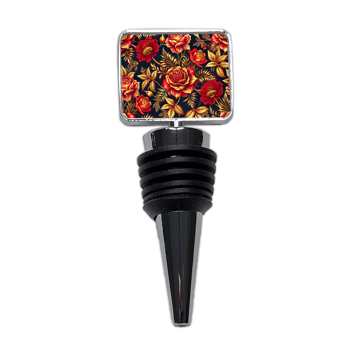 Neon Red And Gold Rose Floral Pattern Wine Bottle Stopper