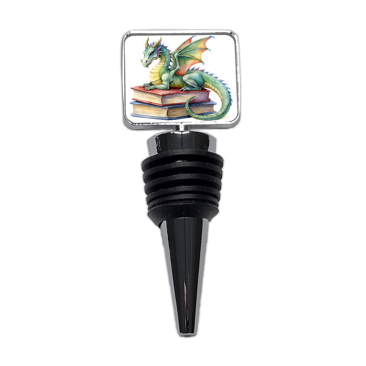 Reading Dragon Laying On Top Books Watercolor Wine Bottle Stopper