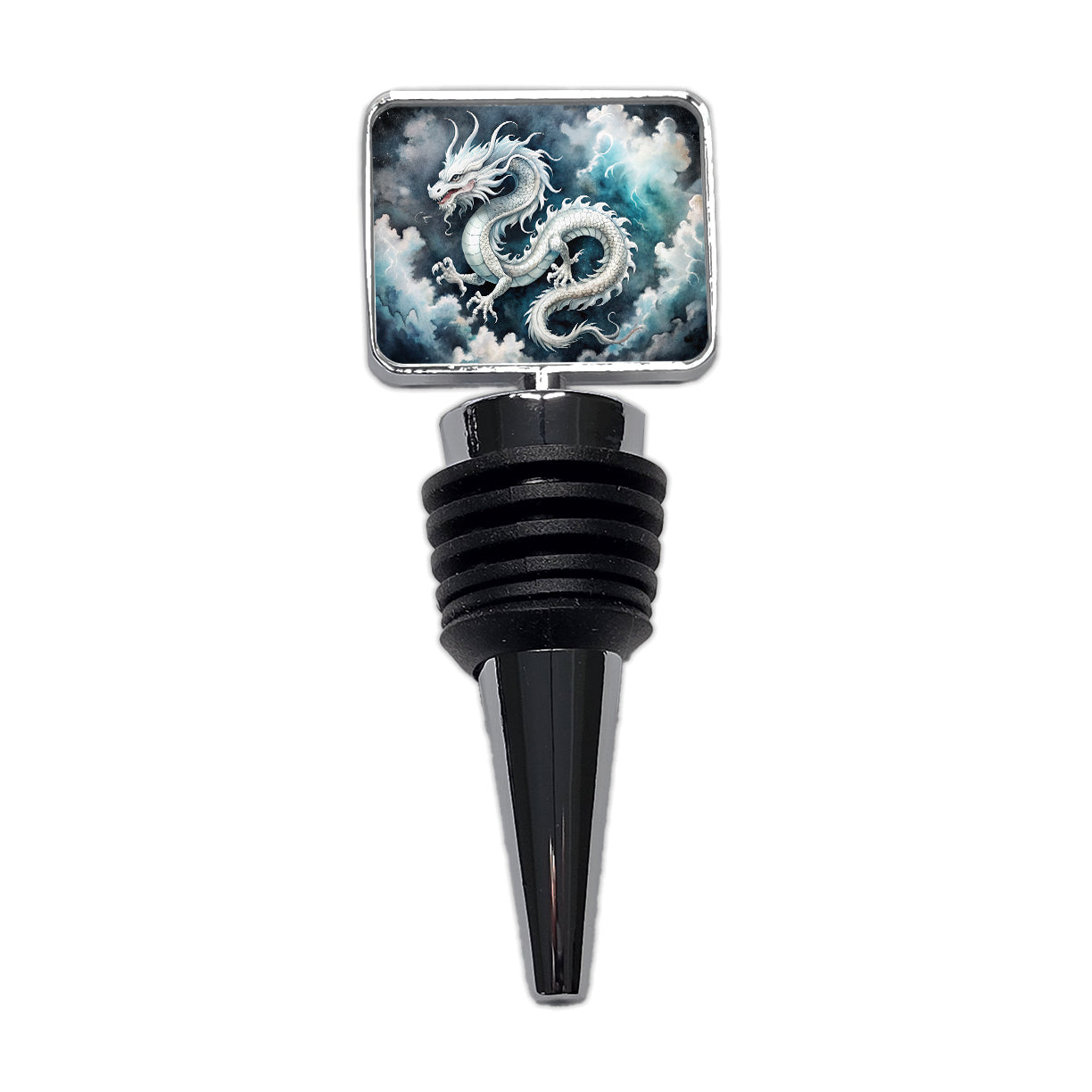 White Asian Dragon On Black Watercolor Wine Bottle Stopper