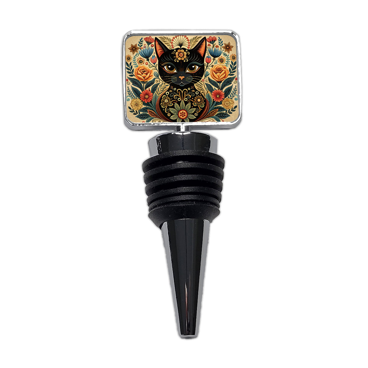 Stylized Black Cat Floral Design Wine Bottle Stopper
