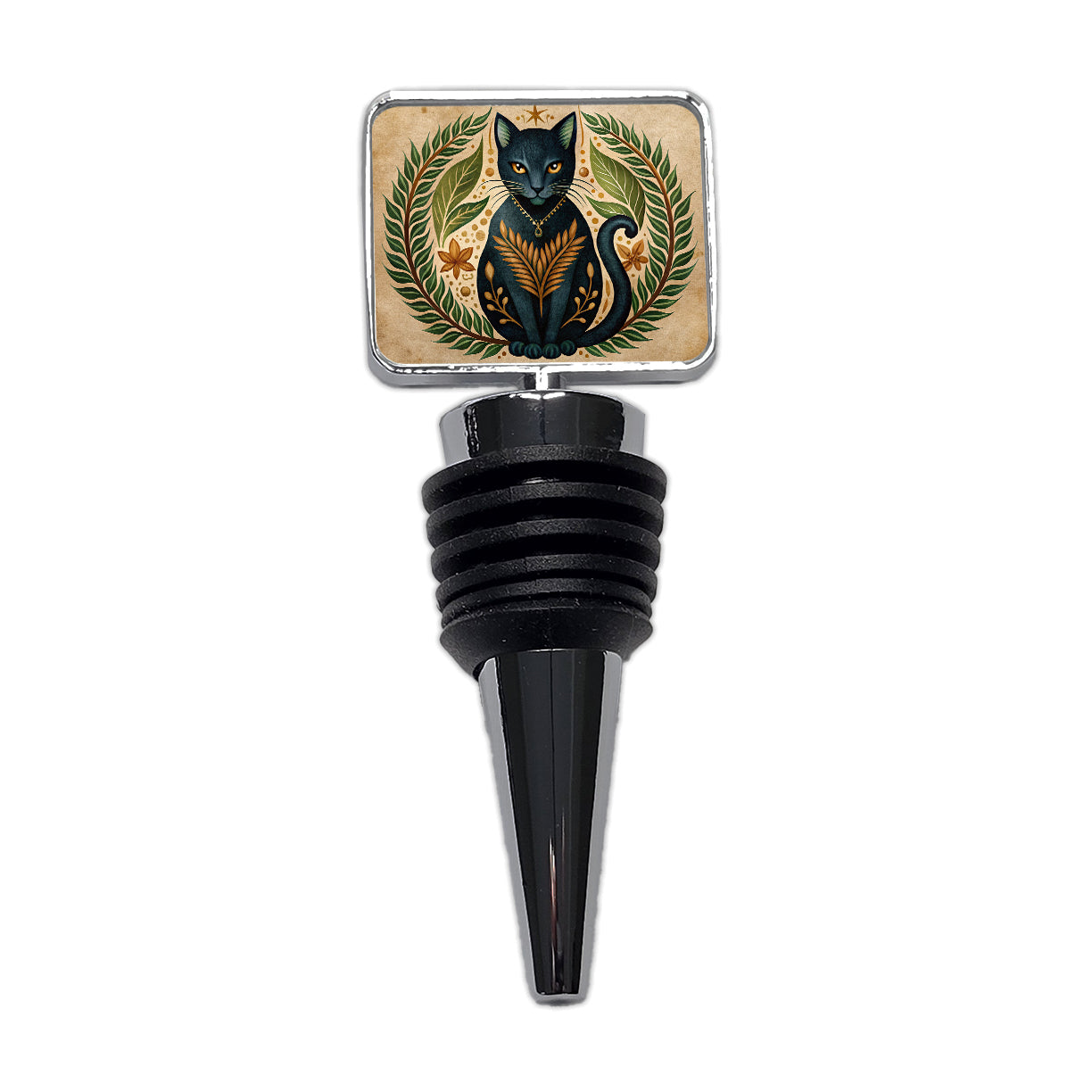 Stylized Black Cat Illustration Leaf Design Wine Bottle Stopper