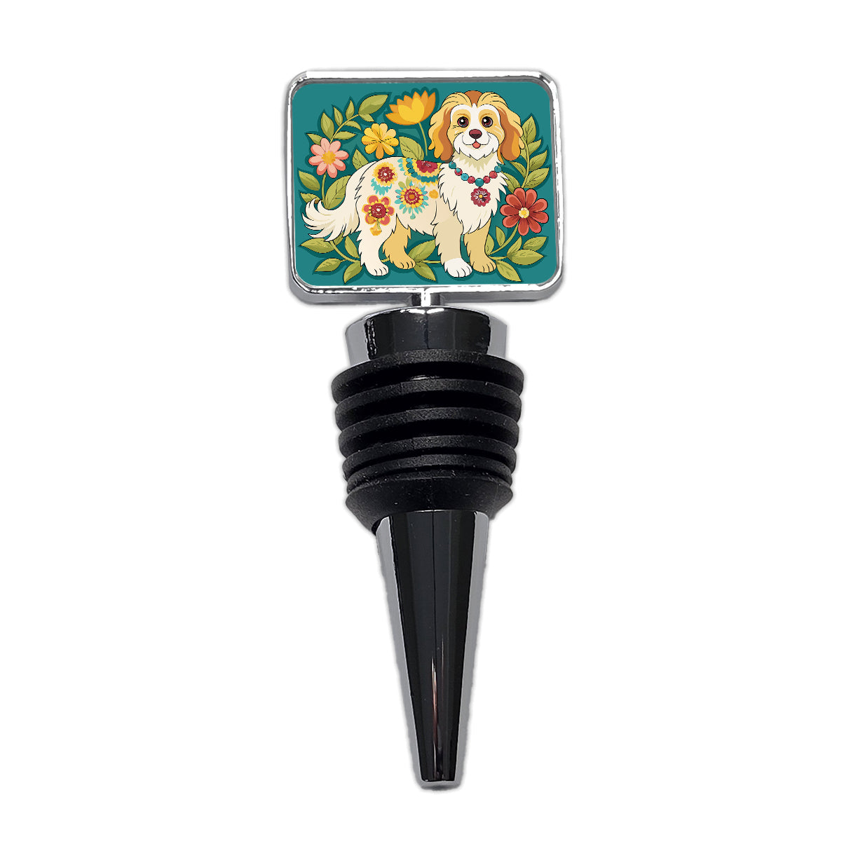 Cavachon Floral Motif Dog Cute Wine Bottle Stopper