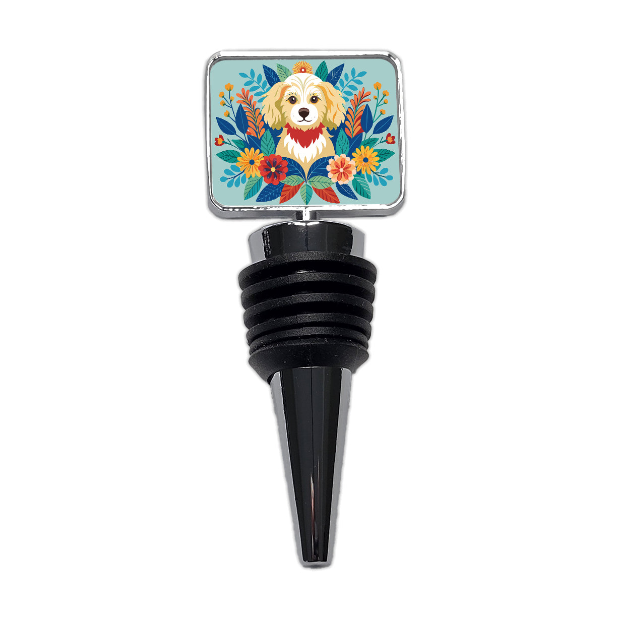 Cavapoo Floral Motif Dog Blue Wine Bottle Stopper