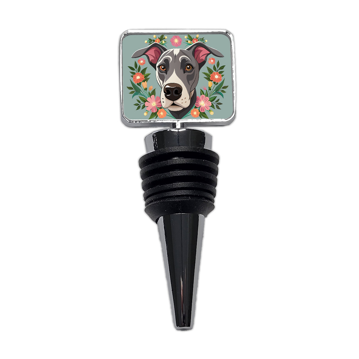 Great Dane Head Floral Motif Gray Dog Wine Bottle Stopper